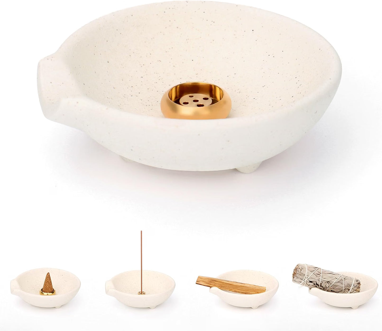 MEADAY Ceramic Incense Burner Bowl with Brass Holder, 4-Inch Round Ash Catcher for Sticks, Cones, Palo Santo & Sage, Speckled Cream