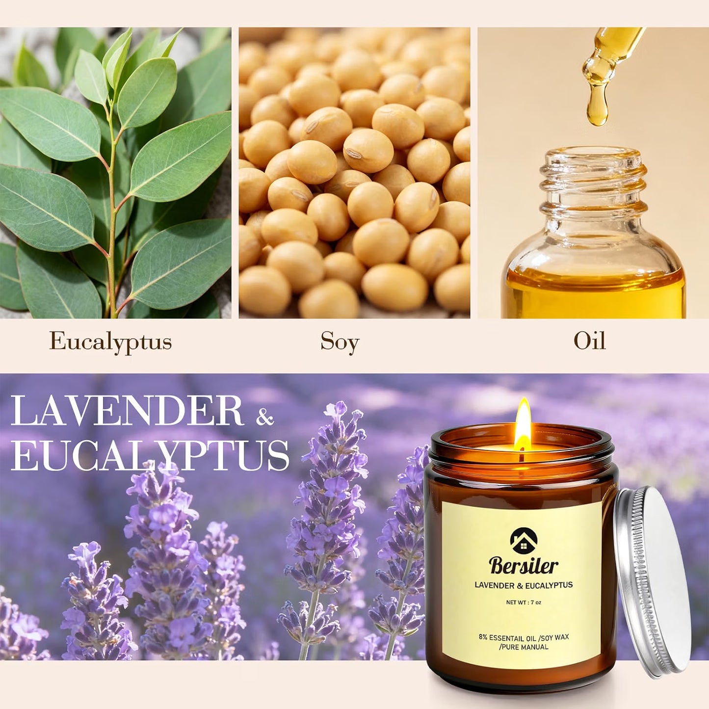 Scented Candles, Lavender Eucalyptus Candles, Non Toxic Soy Candle