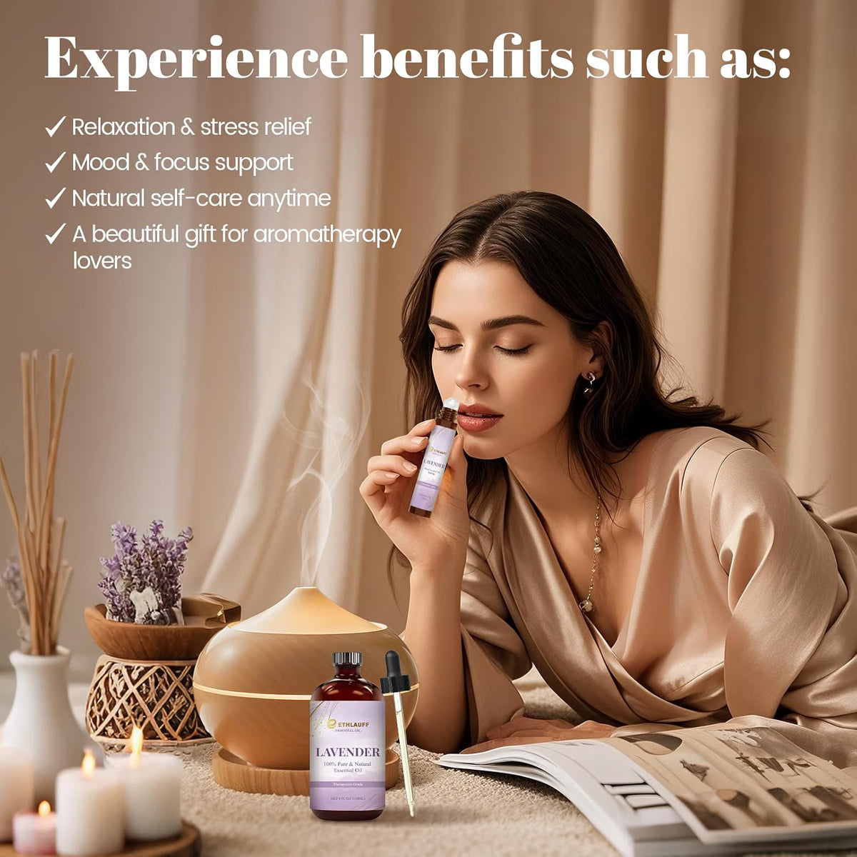 Lavender Essential Oil (4 fl.oz Bottle + 0.34 fl.oz Roll-On) — Lavender Oils for Aromatherapy, Diffusers, Humidifiers, Home fragrances, DIY Skincare, Candle, Soap Making, Relaxation, Yoga