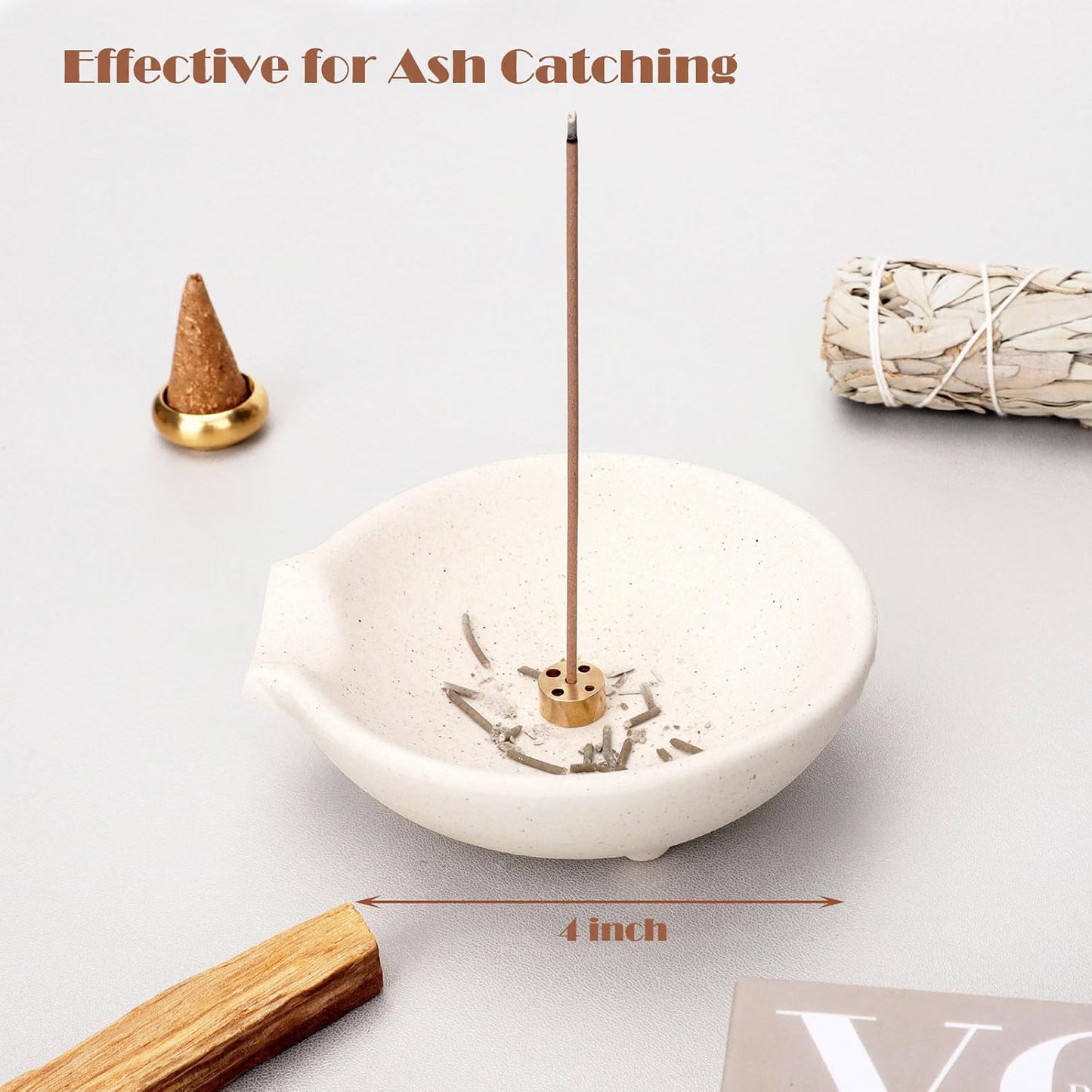 MEADAY Ceramic Incense Burner Bowl with Brass Holder, 4-Inch Round Ash Catcher for Sticks, Cones, Palo Santo & Sage, Speckled Cream