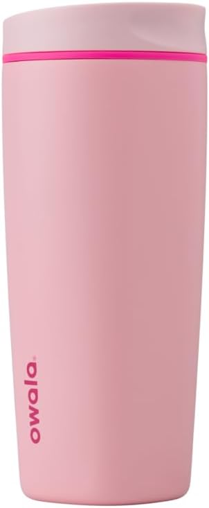 Owala SmoothSip Slider Insulated Stainless Steel Coffee Tumbler, Reusable Iced Coffee Cup, Hot Coffee Travel Mug, BPA Free 20 oz, Pink (Pucker Up) Owala