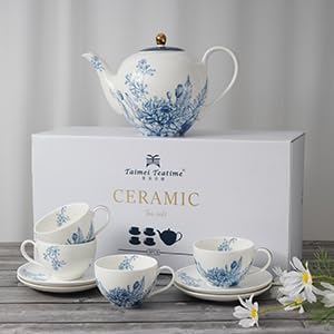 Tea Sets for Women Gift, Blue Porcelain Tea Set, 37 oz Large Teapot Set with Infuser,Tea Cups and Saucers for 4 in European Style, Tea Gift Sets for Holidays - Bloomnest