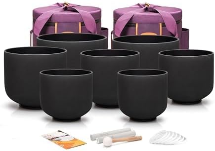 TOPFUND 6-12 inch Chakra Set of 7 Black Crystal Singing Bowls with Heavy Duty Carrying Cases and Mallets - Bloomnest