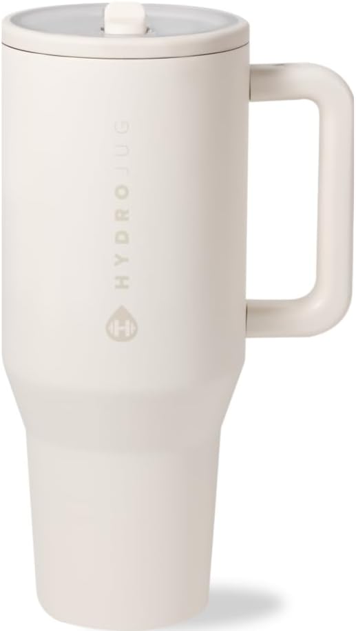 HydroJug Traveler - 32 oz Water Bottle with Handle & Flip Straw - Fits in Cup Holder, Leak Resistant Tumbler-Reusable Insulated Stainless Steel & Rubber Base - Gifts for Women & Men, Cream - Bloomnest