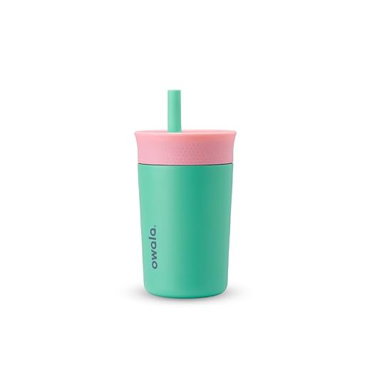 Owala Kids Insulation Stainless Steel Tumbler with Spill Resistant Flexible Straw, Easy to Clean, Kids Water Bottle, Great for Travel, Dishwasher Safe, 12 Oz, Pink and Teal (Real Cool Fish) - Bloomnest