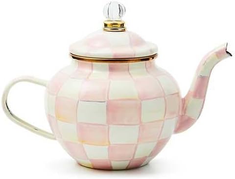 MACKENZIE-CHILDS Enamel Teapot, Cute Small Teapot with Lid, 4-Cup Capacity, Pink-and-White Rosy Check - Bloomnest