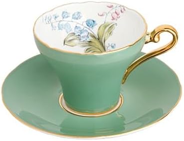Aynsley Handpainting Colored Glaze Lily of the Valley Corset Fine Bone China English Tea Cup and Saucer Set, 6.1 oz (Green) - Bloomnest