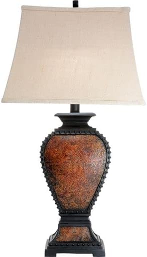 BLACK FOREST DECOR Western Tooled Leather Table Lamp - Rustic Faux Leather Shade for Cabin Decor - Bloomnest