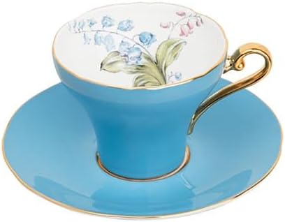 Aynsley Handpainting Colored Glaze Lily of the Valley Corset Fine Bone China English Tea Cup and Saucer Set, 6.1 oz (Turq) - Bloomnest