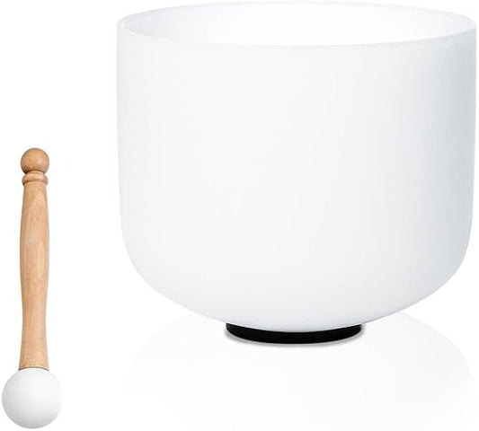 8 inch White E Note Solar Plexus Chakra Quartz Crystal Singing Bowl, for Healing Mindfulness Meditation Yoga Sound Baths, with Rubber Mallet O-ring - Bloomnest