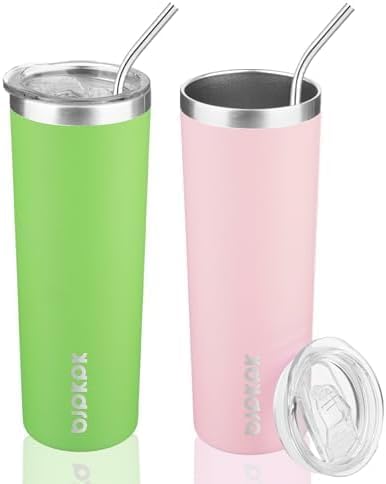 BJPKPK 20 oz Skinny Tumbler with Lid Slim Insulated Travel Coffee Cup Stainless Steel Thermal Mug,Green,Light Pink (Pack of 24) - Bloomnest