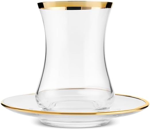 KARACA Sydney Glass Turkish Tea Set for 6 People, Gold, 12 Pieces Tea Service, 6 Turkish Tea Glasses with Saucers, Glass, 5.4 fl oz Tea Plates/Saucers - Bloomnest