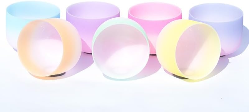 Hye-eun 432 hz Crystal Singing Bowl 7-12 Inch Set of 7 PCS Rainbow Gradient Frosted Quartz Crystal Chakra Singing Bowls with Carry Case Bag for Sound Healing and Therapy Meditation
