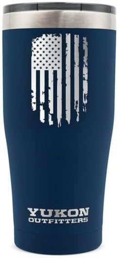 YUKON OUTFITTERS Freedom High Grade 18/8 Corrosion-Resistant Stainless Steel Double Wall Vacuum Insulated Tumbler (20 oz/ 590ml) - 7.3"H x 3.4" Top dia. / 2.7" Bottom dia., Navy with Vertical USA Flag
