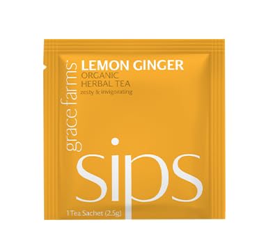 Grace Farms LEMON GINGER Organic Herbal Tea (100 Enveloped Pyramid Sachets w/String & Tag) | Zesty & Invigorating | Fairtrade & Kosher |Gives Back 100% of Profits - Bloomnest