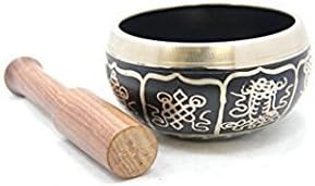 4" Exquisite Tibetan Singing Bowl Set for Meditation ~ Auspicious Eight Lucky Symbols, Buddha Eye & Dorje Painted ~ Silk Cushion & Wooden Mallet Included ~Handmade in Nepal by Thamelmart TM+THAMELMART+FOR+BEAUTIFUL+MINDS
