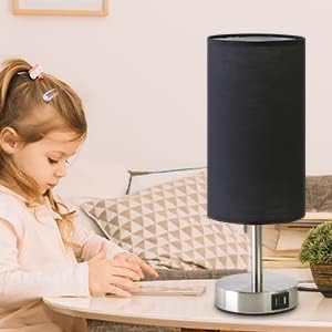 Bedside Lamp with USB Port - Touch Control Table Lamp for Bedroom Wood 3 Way Dimmable Nightstand Lamp with Round Black Shade for Living Room, Dorm, Home Office (LED Bulb Included) (Blacl2) - Bloomnest