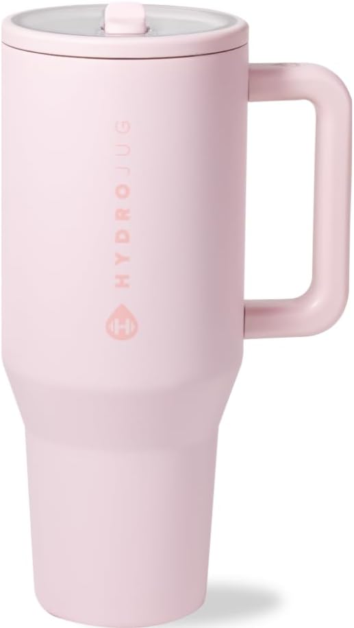 HydroJug Traveler - 32 oz Water Bottle with Handle & Flip Straw - Fits in Cup Holder, Leak Resistant Tumbler-Reusable Insulated Stainless Steel & Rubber Base - Gifts for Women & Men, Pink Sand - Bloomnest