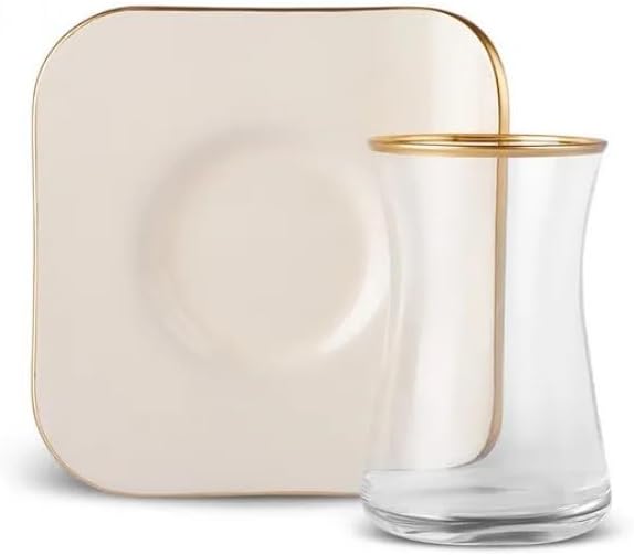 KARACA Retro 12-Piece Turkish Tea Cups for 6 People, 5.58 fl oz Turkish Tea Glasses Set, Durable Glass with Gold Detailing & Cream Color Saucers - Bloomnest