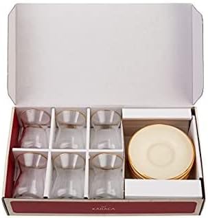 KARACA Retro Beige 6 Person Tea Set - 12 Piece Turkish Tea Cups and Saucers, Turkish Tea Glasses Set with Gold Decal Details - Bloomnest