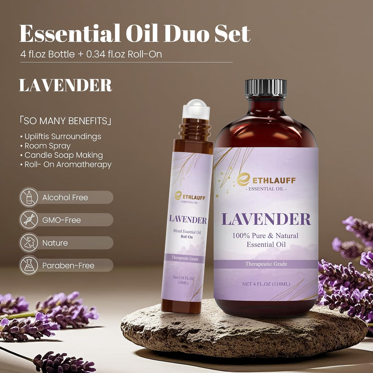 Lavender Essential Oil (4 fl.oz Bottle + 0.34 fl.oz Roll-On) — Lavender Oils for Aromatherapy, Diffusers, Humidifiers, Home fragrances, DIY Skincare, Candle, Soap Making, Relaxation, Yoga