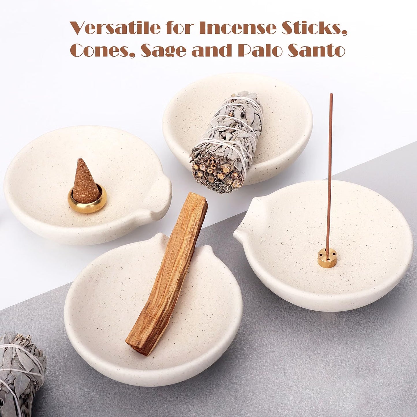 MEADAY Ceramic Incense Burner Bowl with Brass Holder, 4-Inch Round Ash Catcher for Sticks, Cones, Palo Santo & Sage, Speckled Cream