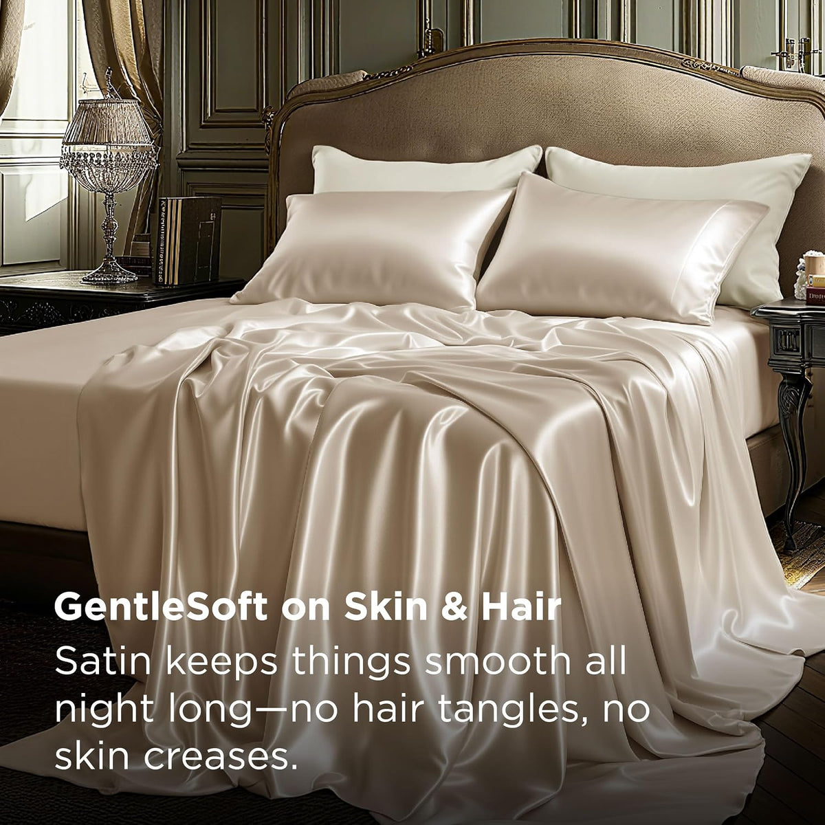 Bedsure Satin Sheets Full Size – Silky Soft Bed Sheets for Hair & Skin, 4-Piece Set with Deep Pocket (Champagne)