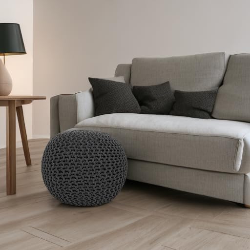 REDEARTH Round Pouf Foot Stool Ottoman - Cotton Hand Knitted Dori Pouffe - Cord Boho Home Décor - Stuffed Cable Poof for Living Room - Bedroom (19.5"x19.5"x14") - Dark Gray - Bloomnest