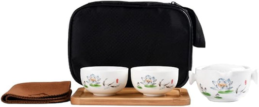 Convenient Teapot Cup Porcelain Teacup White Glazed Travel tea set (Colorful lotus set)