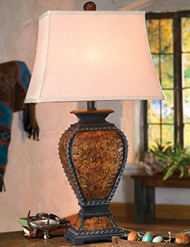 BLACK FOREST DECOR Western Tooled Leather Table Lamp - Rustic Faux Leather Shade for Cabin Decor - Bloomnest