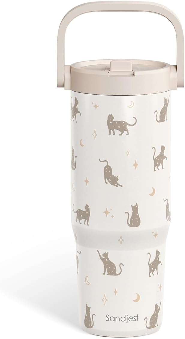 SANDJEST Cat Stainless Steel Straw Lid Tumbler 30oz with Carry Handle for Women Girls Cat Lovers, Insulated Travel Coffee Cup, Gift for Sports Outdoor Workout Christmas Birthday - Bloomnest