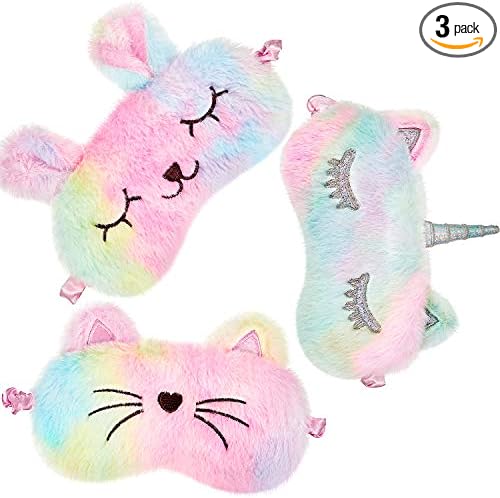 3 Pieces Sleep Mask for Kids, Girls Plush Sleeping Eye Cover Soft Eye Blindfold Cover Animal Shade for Kids(Rainbow Color,Bunny, Cat and Unicorn Style) - Bloomnest