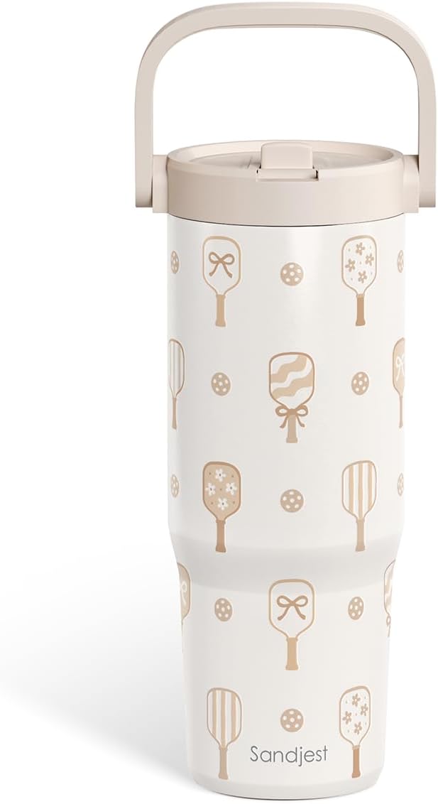 SANDJEST Pickleball Stainless Steel Straw Lid Tumbler 30oz with Carry Handle for Women Girls, Insulated Travel Coffee Cup, Gift for Sports Outdoor Workout Christmas Birthday (Beige) - Bloomnest