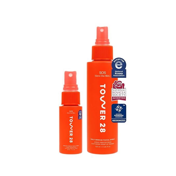 Tower 28 SOS Daily Rescue Facial Spray - Hypochlorous Acid Spray to Help Reduce Redness, Calm Irritation + Alleviate Flare-Ups - Purifying Face Toner Duo - Full + Travel Size Skin Care Spray (2 Count) - Bloomnest
