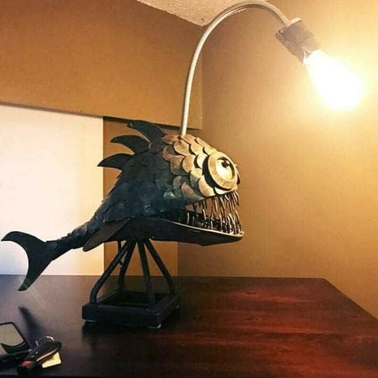 CAFELE Rustic USB Angler Fish & Shark Lamp - Steampunk Style Table Light, Simulation Flame LED Bulbs, Handmade Night & Book Light, Industrial Creative Decor for Home/Office (Small) - Bloomnest