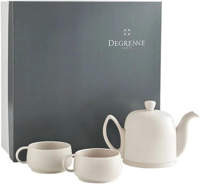 DEGRENNE Luxury French Tea Set - Porcelain Teapot Set with 2 Tea Cups, Ceramic Kettle for Loose Tea, Stainless Steel Cover, Removable Infuser - Monochrome Pink Nude - Bloomnest