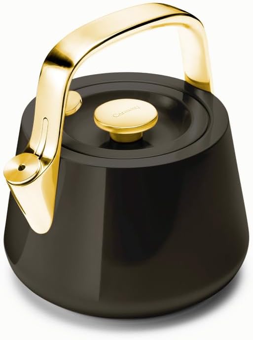 Caraway 2 Quart Whistling Tea Kettle - Durable Stainless Steel Tea Pot - Fast Boiling, Stovetop Agnostic - Non-Toxic, PTFE & PFOA Free - Includes Pot Holder - Black - Bloomnest