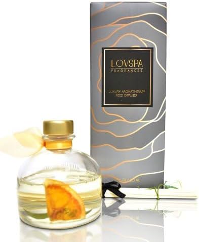 LOVSPA Reed Diffuser Set, Mandarin Lime & Basil Scented Oil Diffuser with Sticks, Home Fragrance Accessories for Bathroom Shelf Decor, Aroma Diffusers for Home or Office Desk, USA Made