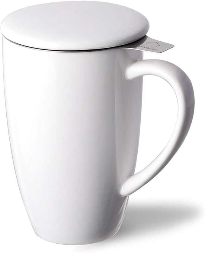 Sweejar Porcelain Tea Infuser Cup with Lid, 16 oz Teacup with Strainers for Loose Leaf, Microwave and Dishwasher Safe Coffee Mug, Steeping Mug for Tea Drinkers,Christmas Gift (White) - Bloomnest