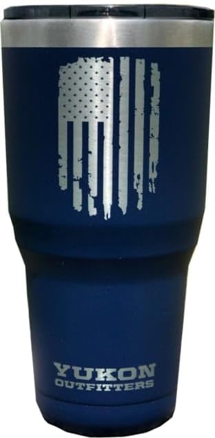 Yukon Outfitters Freedom High Grade 18/8 Stainless Steel Double Wall Vacuum Insulated Tumbler (30oz / 890ml) - 7.85" H x 3.9" Top Dia. / 2.9" Bottom dia., Navy with Vertical USA Flag - Bloomnest