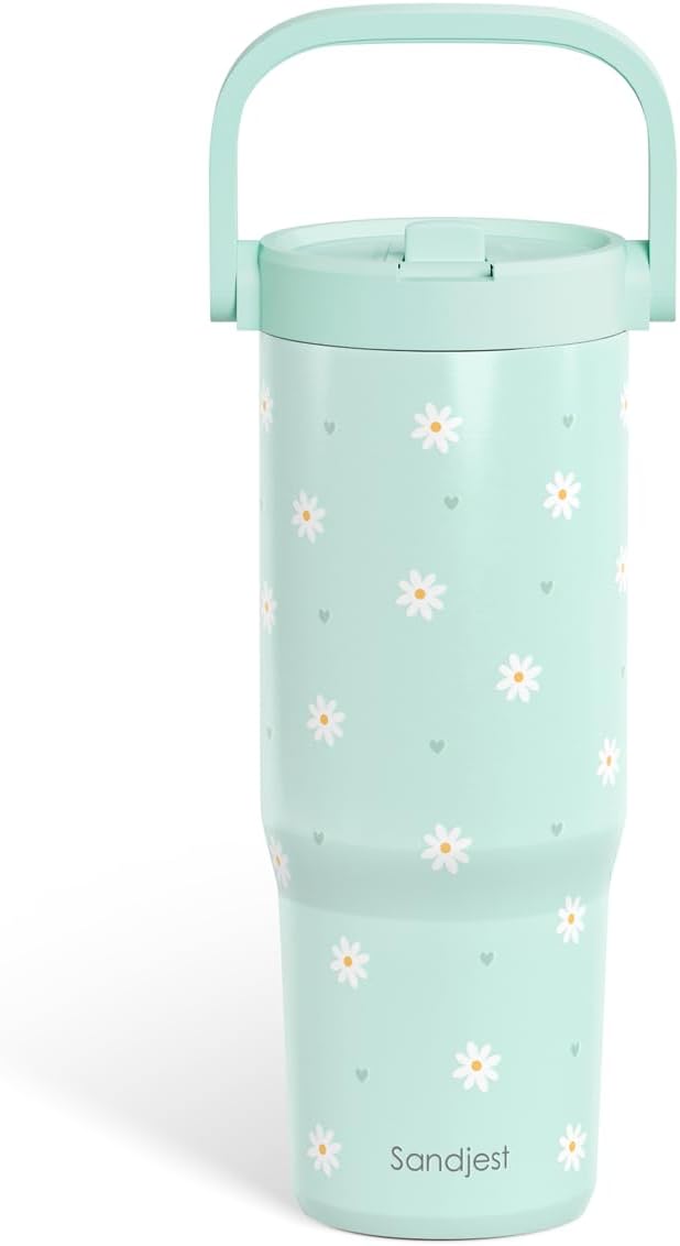 SANDJEST Daisy Stainless Steel Straw Lid Tumbler 30oz with Carry Handle for Women Girls, Insulated Travel Coffee Cup, Gift for Sports Outdoor Workout Christmas Birthday (Mint) - Bloomnest
