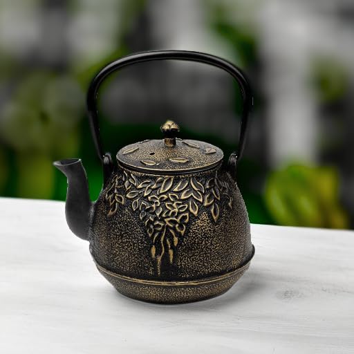 Tea Kettle, TOPTIER Japanese Cast Iron Tea Pot for Stove Top, Cast Iron Teapot Humidifier for Wood Stove, Leaf Design Tea Kettle Coated with Enameled Interior for 32 Ounce (950 ml), Black - Bloomnest