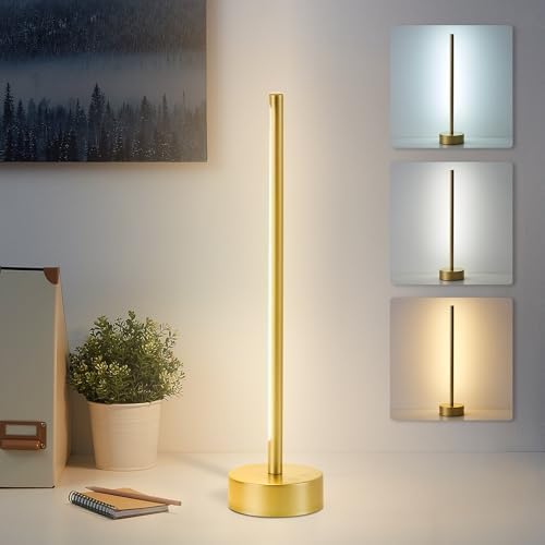 Cordless LED Table Lamp, Battery Operated Portable Desk Lamp,Dimmable/3 Color/Memory Function,Modern Rechargeable Table Light for Living Room,Bedroom,Bedside,Gold - Bloomnest