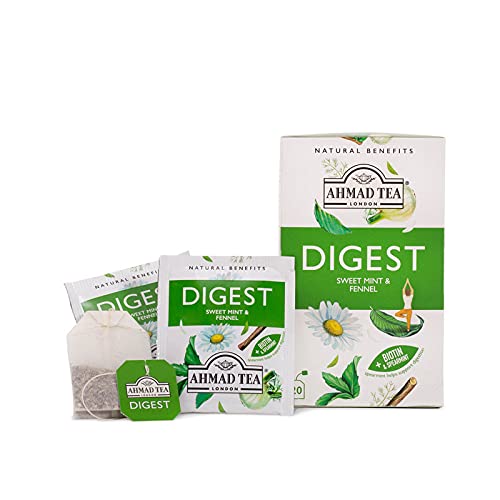 Ahmad Tea Herbal Tea, Sweet Mint, Fennel & Biotin 'Digest' Natural Benefits Teabags, 20 ct (Pack of 2) - Decaffeinated & Sugar-Free - Bloomnest