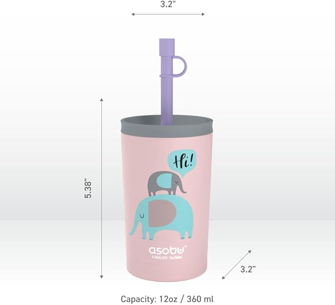 asobu Stainless Steel Kids Tumbler with Flexible Straw Lid | Insulated Water Bottle | Reusable Travel Cup 12 Ounce (Pink) - Bloomnest
