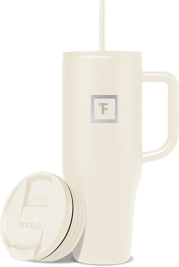IRON °FLASK Co-Pilot Insulated Mug w/Straw & Flip Cap Lids - Cup Holder Bottle for Hot, Cold Drink - Leak-Proof - Water, Coffee Portable Travel Mug - Cashmere Cream, 40 Oz - Bloomnest