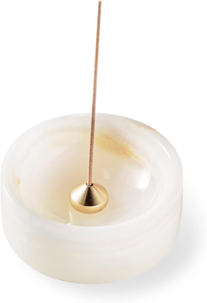 Pearly Onyx Japanese Incense Holder for Sticks, Cone Ash Catcher Bowl,Marble Incense Stand Set with Sandalwood Sticks & 2 Brass Burners, Minimalist, Zen, White - Bloomnest