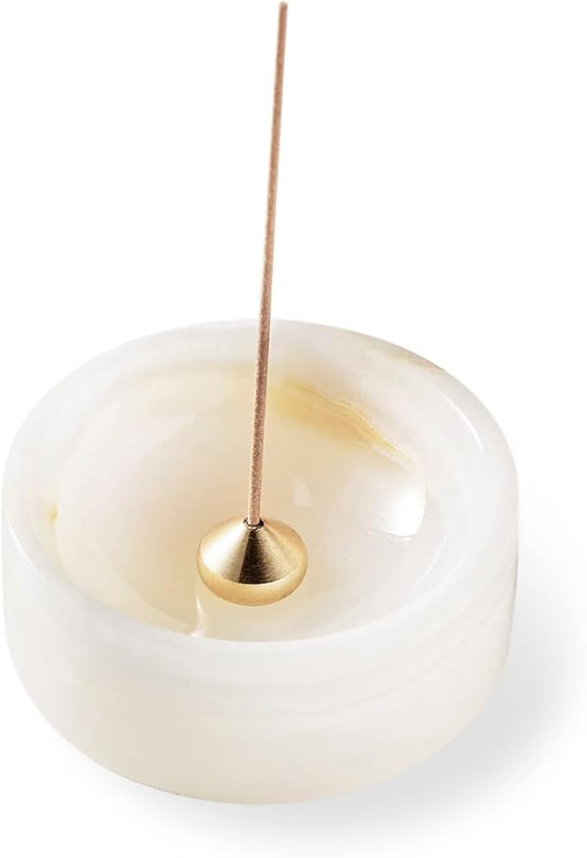 Pearly Onyx Japanese Incense Holder for Sticks, Cone Ash Catcher Bowl,Marble Incense Stand Set with Sandalwood Sticks & 2 Brass Burners, Minimalist, Zen, White - Bloomnest