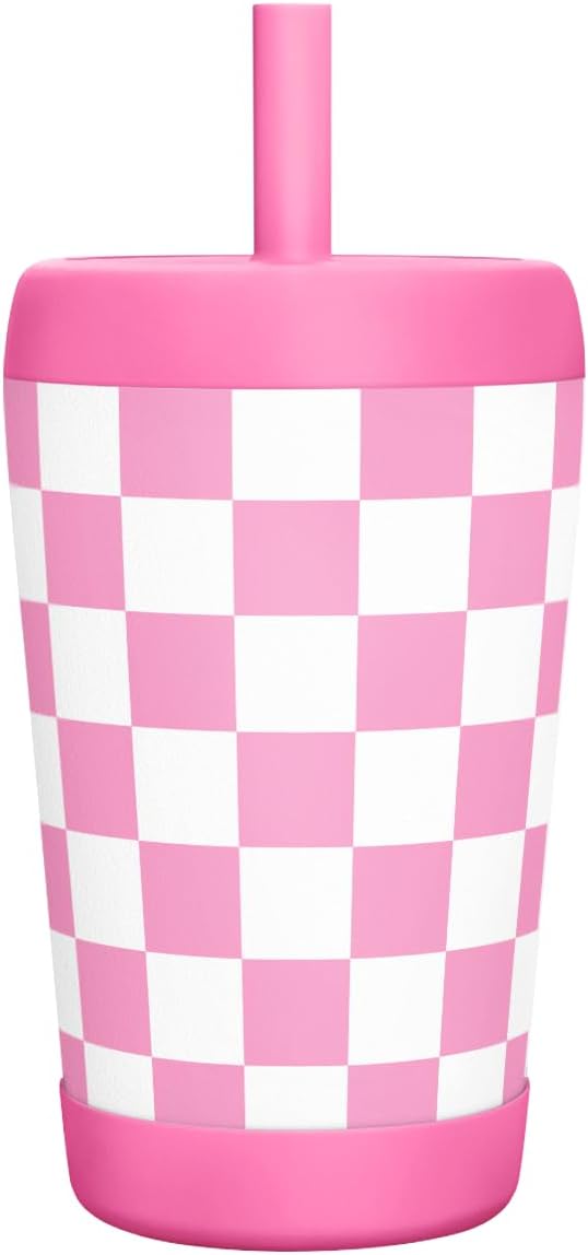 Kid Insulated Stainless Steel Tumbler with Silicone Straw, 12oz Sippy Cup for Kids (Pink Checkerboard) - Bloomnest