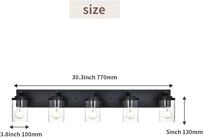 BONLICHT Industrial 5 Light Wall Mount Lighting Sconces Bathroom Vanity Light Matte Black Metal with Clear Glass Shade,Modern Farmhouse Wall Lamp Indoor Bath Wall Lamp Fixture Over Mirror - Bloomnest